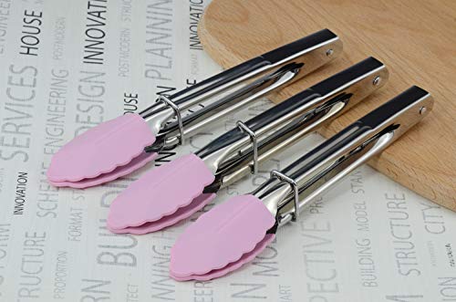 HINMAY 7-Inch Serving Tongs with Silicone Tips, Set of 3 (Pink) | 7-Inch Clam Shell Mini Tongs - color: Pink
