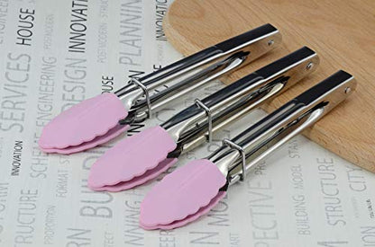 HINMAY 7-Inch Serving Tongs with Silicone Tips, Set of 3 (Pink) | 7-Inch Clam Shell Mini Tongs - color: Pink