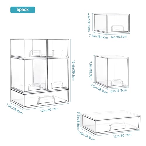 Vtopmart Stackable Storage Drawers Set of 8, Clear Plastic Organizer Bins for Bathroom Supplies,Ideal for Cabinet,Pantry,Laundry Room Organization - style: 4 Small+2 High+2 Wide