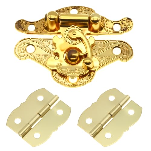 FDXGYH 1 Pcs Antique Hasp Latch and 2 Pcs Butterfly-Shape Hinges Decorative Lock Buckle with Matching Screws [Gold] - color: Gold
