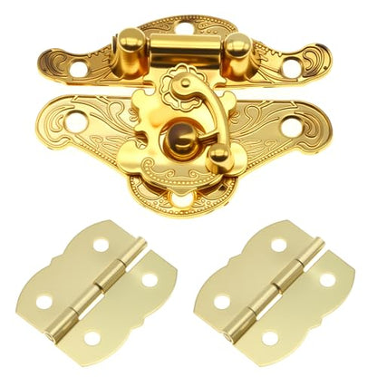 FDXGYH 1 Pcs Antique Hasp Latch and 2 Pcs Butterfly-Shape Hinges Decorative Lock Buckle with Matching Screws [Gold] - color: Gold