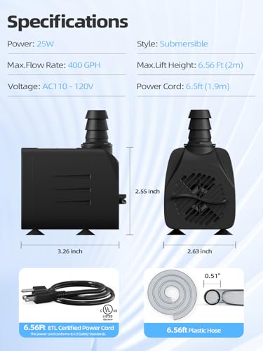 400 GPH Fountain Pumps Submersible, With 6.56 Ft Tubing + 3 Nozzles | 6.56 Ft Power Cord (1500L/H, 25W) Outdoor Water Fountain, Fish Tank, Small Pond, Aquarium, Hydroponics, Statue Pool & Garden