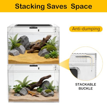HELIME Reptile Tank 7 Piece Starter Kit with Escape Proof Locking Lid XL | All in One lizard Terrarium,Polycarbonate Leopard Gecko Enclosure Frogs Cage with Light,Hygrometer,Hide,Tweezer,Bowl,Sprayer - size: XLarge(19.5x9.4x10.5IN)
