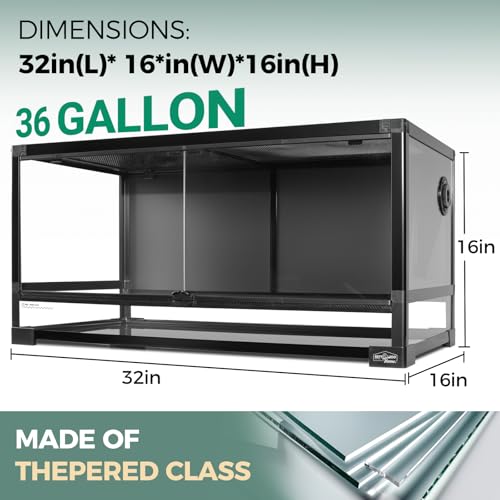 36 Gallon Full Glass Reptile Tank, Quick Fold Reptiles Enclosure with Waterproof Base, Top Screen Ventilation, 32" x 16" x 16" Front Opening Terrarium for Snake, Leopard Gecko, Lizard - size: 32" x 16" x 16"