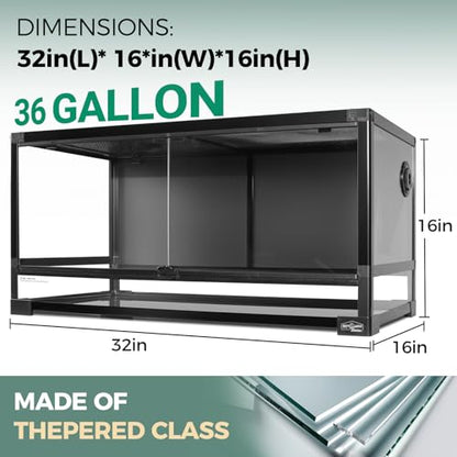 36 Gallon Full Glass Reptile Tank, Quick Fold Reptiles Enclosure with Waterproof Base, Top Screen Ventilation, 32" x 16" x 16" Front Opening Terrarium for Snake, Leopard Gecko, Lizard - size: 32" x 16" x 16"