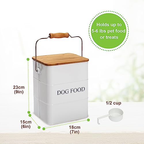 Dog Food storage container Dog Treats Jar,5~6 lb Metal food treats tin for Dog, pet snacks Canisters with wooden lid/handle/sevice scoop-White - color: Dog-White