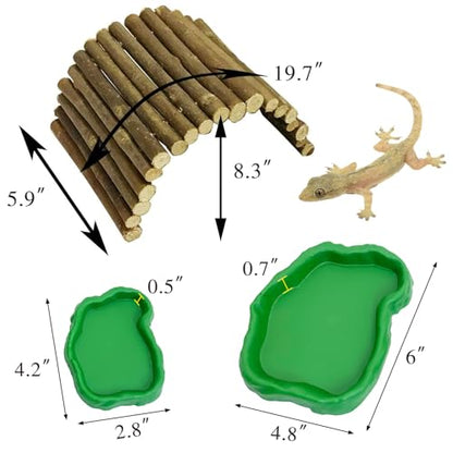 Hamiledyi 19.7" L x 5.9" W Wooden Reptile Bridge Ladder Bearded Dragon Bendy Bridge Climbing Ladder with Reptile Food Water Bowl for Lizards Gecko Spiders Snakes Tortoise - size: 19.7 x 5.9 inches