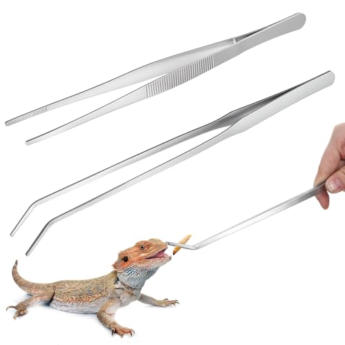 2 Pcs Feeding Tongs,Reptile Feeding Tongs Aquarium Tweezers 10.5 in Straight & 9.8 in Curved Extra Long Tweezers for Aquarium Terrarium Lizards Snakes Bearded Dragon