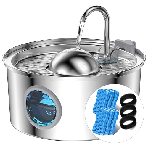AONBOY Cat Water Fountain with 6 Filters + 3 Sponge Filters | 108oz/3.2L Cat Fountain Stainless Steel with Water Level Window Faucet Shape Dog Water Fountain Multi Filtration