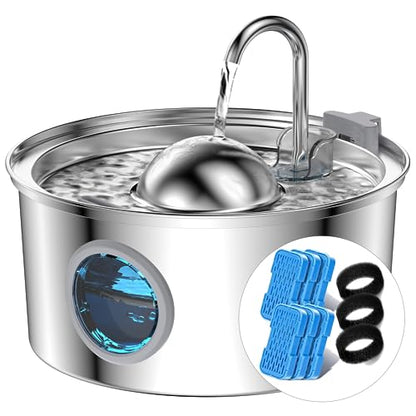 AONBOY Cat Water Fountain with 6 Filters + 3 Sponge Filters | 108oz/3.2L Cat Fountain Stainless Steel with Water Level Window Faucet Shape Dog Water Fountain Multi Filtration