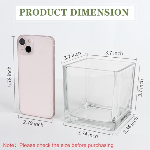 6 Pack Square Glass Vases 4" x 4" x 4", Clear Flower Vase | Candle Holder for Centerpieces, Wedding Party Home Decor - size: 4inch