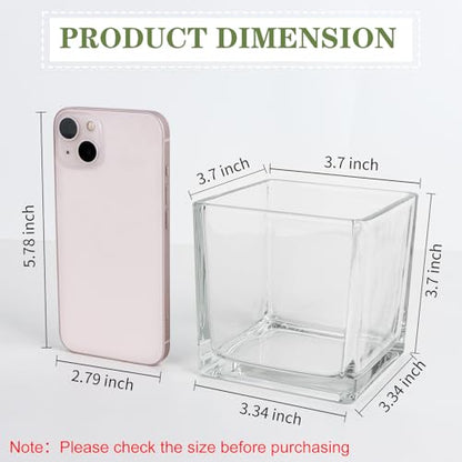 6 Pack Square Glass Vases 4" x 4" x 4", Clear Flower Vase | Candle Holder for Centerpieces, Wedding Party Home Decor - size: 4inch