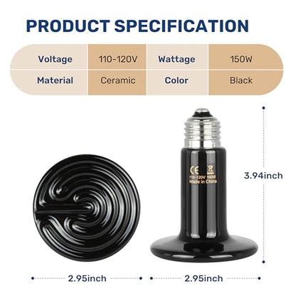 Reptile Heat Lamp 150W Ceramic Heat Emitter, No Light Emitting Heat Bulbs for Amphibian Pet Brooder Coop Incubating Chicken, Lizard Bearded Dragon Turtle Snake Terrarium, 2 Pack - color: 2 Pcs (Black), size: 150 Watts