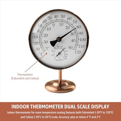 4" Indoor Thermometer & Humidity Gauge, Brass Dial with Stand | Room Analog Temperature & Humidity Monitor, Dual Scale Display, Battery-Free For House Home Desk Bedroom Garage RV