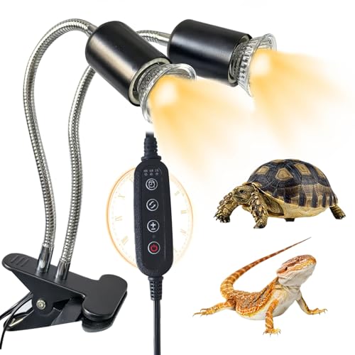 BNOSDM Reptile Heat Lamp, Dual-Head UVA UVB Light for Aquarium Turtle Tank, Reptile Lamp Fixture with 2*50W Basking Light and 360° Rotatable Timing & Dimming, Tortoise Heat Lamp for Lizard Snake Chick - color: Dual-head Black