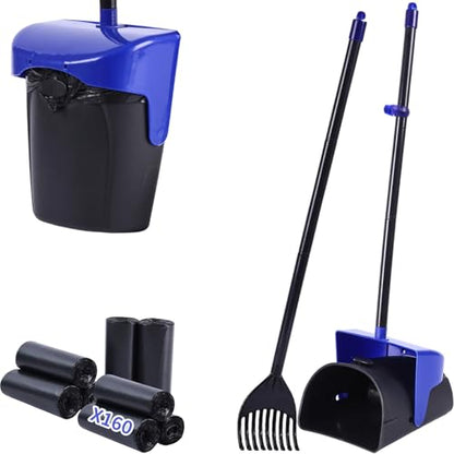 Pooper Scooper Large Swivel Bin & Rake with 160 Waste Bags,Heavy Duty Dog Pooper Scooper with Bag Attachment for Large Small Dogs, Long Handle Poop Scooper with Lid for Yard, Grass, Gravel (Blue) - color: Blue1