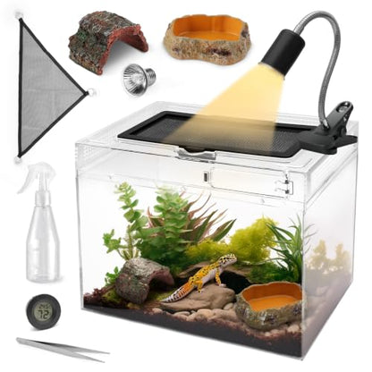 AZV Reptile Tank Starter Kit,8 Piece Escape Proof Hermit Crab Cage Large | All In One Lizard Terrarium,Multi-Vent Compatible Gecko Habitat,Clear PC Material Frog Enclosure,Easy-Clean Waterproof Base - size: Large(15.6*10*8IN)