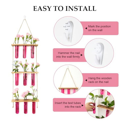 XXXFLOWER Wall Hanging Propagation Station with Wooden Stand Pink | 9 Test Tubes Vases Terrarium Kit, Hanging Planters for Indoor Plants, Wall Decor for Living Room Office - size: Pink-9 Tube Vase