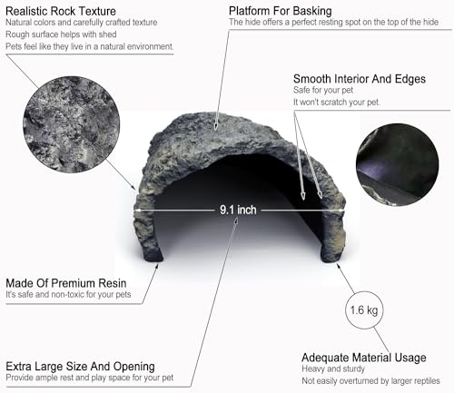 Rock Cave Habitat Hidden for Reptile and Amphibians.Terrarium & Aquarium Decor, Reptile hideout Hide Cave, Perfect for Bearded Dragons,Lizards,Snakes,Turtles,Geckos,Tortoises,Small Animals -Large Size - style: Extra Large Size ( Grey )