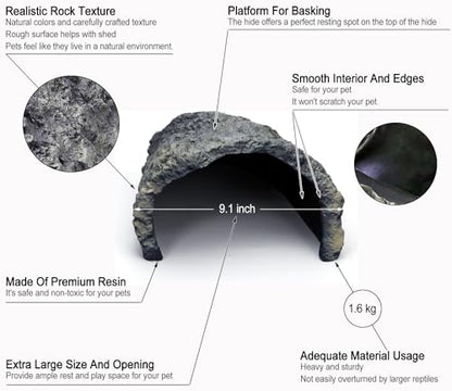 Rock Cave Habitat Hidden for Reptile and Amphibians.Terrarium & Aquarium Decor, Reptile hideout Hide Cave, Perfect for Bearded Dragons,Lizards,Snakes,Turtles,Geckos,Tortoises,Small Animals -Large Size - style: Extra Large Size ( Grey )
