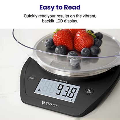 Etekcity 0.1g Food Scale, Bowl, Digital Grams and Ounces for Weight Loss, Dieting, Baking, Cooking, and Meal Prep, 11lb/5kg, Stainless Steel Black | 11lb/5kg capacity with tare, removable bowl, ideal for baking, coffee, meal prep and portion control, Stai