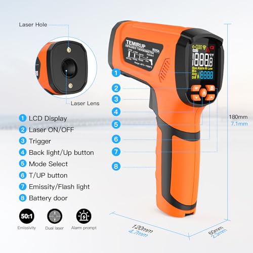 Infrared Thermometer Temperature Gun,-40℉~2912℉ Pyrometer, 50:1 High Temp Thermometer with Thermocouple Probe, Non-Contact Digital IR Laser Thermometer for Industrial HVAC Forge Metal - color: Orange -40°F - 2912°F(-40-1600℃)