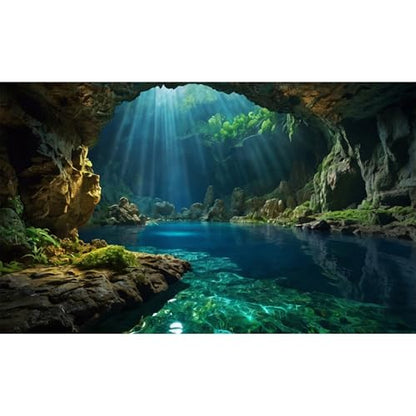 Underwater Cave Aquarium Background Ocean Seaside Rock Cave Fish Tank Background Tropical Seashore Sunrays Blue Sky Terrarium Backgrounds Misty Stunning Seascape Reptile Tank Backgrounds 24x16in - color: Dark Blue, size: 24(W)x16(H)in