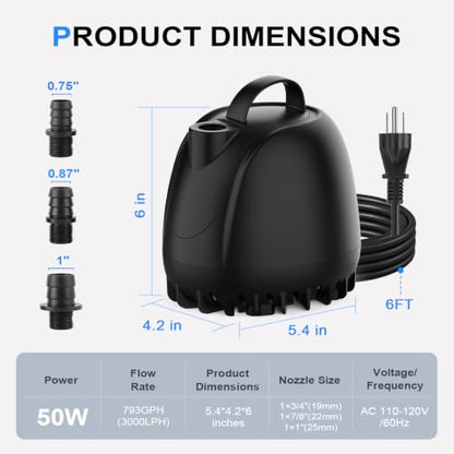 hygger 793GPH Submersible Aquarium Water Pump (3000L/H 50W) with 3 Nozzles | Ultra Quiet Fish Tank Pump with Ceramic Shaft, Overheat Protection for Aquarium, Pond, Hydroponics (8.5ft Lift)