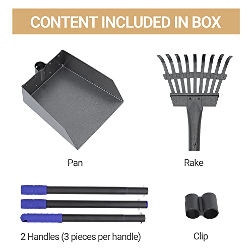 Dog Pooper Scooper, Dog Poop Tray and Rake Set with Long Stainless Handles | Pet Waste Removal Scoop with Adjustable Sectional Handles - color: Black/Blue