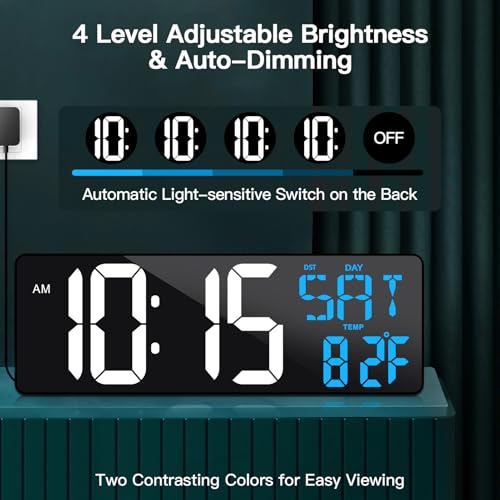 17" Large Digital Wall Clock with Remote, Auto Dimmer, Date Temp, Timer | Large clear display, Snooze function, Count up and down timer, Suitable for Living Room, Office, Gym Indoor Spaces - color: Ice Blue+ White
