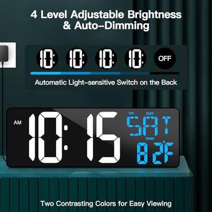 17" Large Digital Wall Clock with Remote, Auto Dimmer, Date Temp, Timer | Large clear display, Snooze function, Count up and down timer, Suitable for Living Room, Office, Gym Indoor Spaces - color: Ice Blue+ White