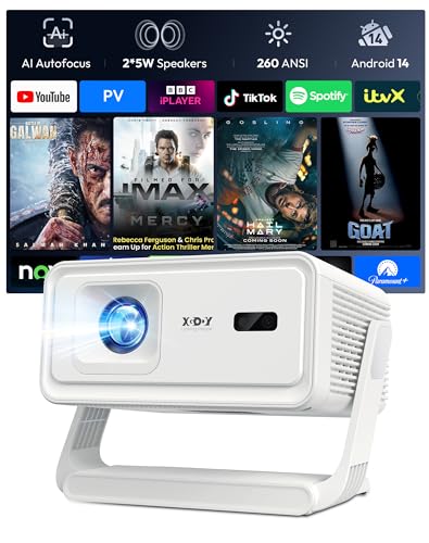 XGODY Portable Projector wtih Wifi and Bluetooth, Gimbal A1, Built in Apps | 260ANSI Android 14 Smart Projector Auto Focus, Support 4K 1080P 6D Auto Keystone Correction, 180° Rotation for Bedroom Home