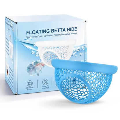 Blue Floating Betta Hide & Shrimp Cave: 3-in-1 Aquarium Hammock, Feeder & Resting Spot for Betta Fish, Shrimp & Small Fish | Eco-Safe PLA - color: Blue