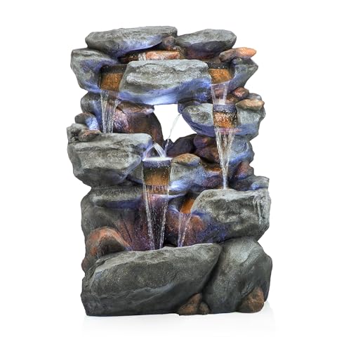 Alpine Corporation WIN1068 Outdoor Floor Rock Water Fountain with LED Lights, 5-Tier Rock Waterfall Fountain 54", Dark Brown - style: 54" H - 5-Tier Cool White LEDs