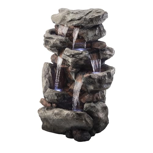 Alpine Corporation WIN730 Outdoor Floor Tiered Rock Waterfall Fountain with LED Lights and Natural Stone Look, 52", Brown - style: 5-Tier 52" H - Cool White LEDs