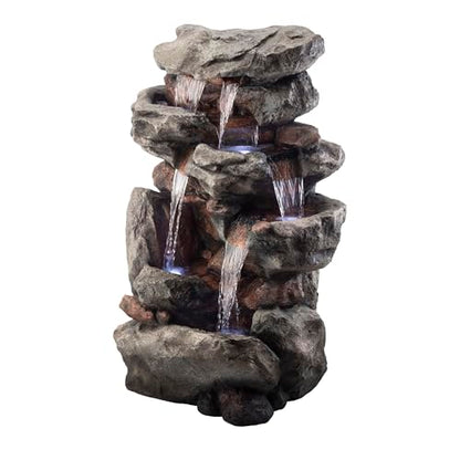 Alpine Corporation WIN730 Outdoor Floor Tiered Rock Waterfall Fountain with LED Lights and Natural Stone Look, 52", Brown - style: 5-Tier 52" H - Cool White LEDs