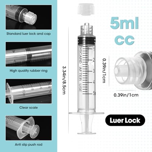 5ml Luer Lock Syringe with Cap and Soft Plastic Tube, 10 Pack | Suitable for Pet Liquids Feeding, Individually Wrapped - size: 5ml - 2.0mm Tube