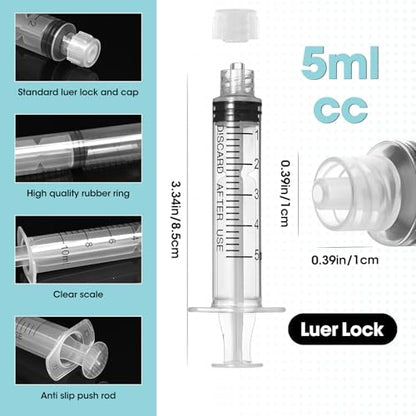 5ml Luer Lock Syringe with Cap and Soft Plastic Tube, 10 Pack | Suitable for Pet Liquids Feeding, Individually Wrapped - size: 5ml - 2.0mm Tube