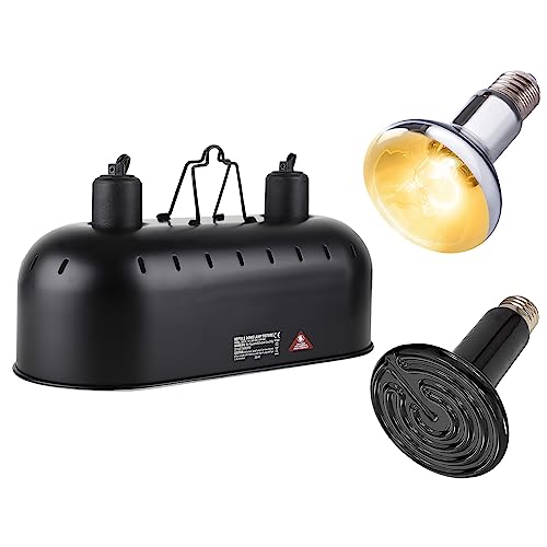 15inch Dual Reptile Light Fixture Dual Reptile Heat Lamp Fixture | Max 150W, 100W UVA UVB Sun Light & Ceramic Heat Emitter, Double Dome Lamp, For Terrarium and Tortoise Habitat - size: 15inch with UVA UVB sun lamp and CHE bulb