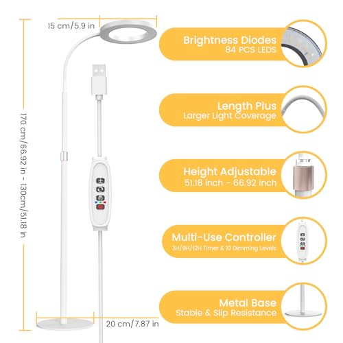 Plant Grow Light for Indoor Plants, Full Spectrum Grow Lamp with Pedestal Stand, Automatic Timer for 3H/9H/12H, Height Adjustable 51-67in White - color: White High