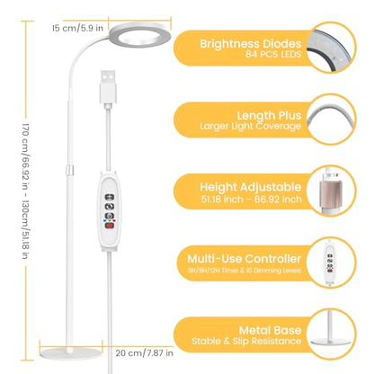 Plant Grow Light for Indoor Plants, Full Spectrum Grow Lamp with Pedestal Stand, Automatic Timer for 3H/9H/12H, Height Adjustable 51-67in White - color: White High