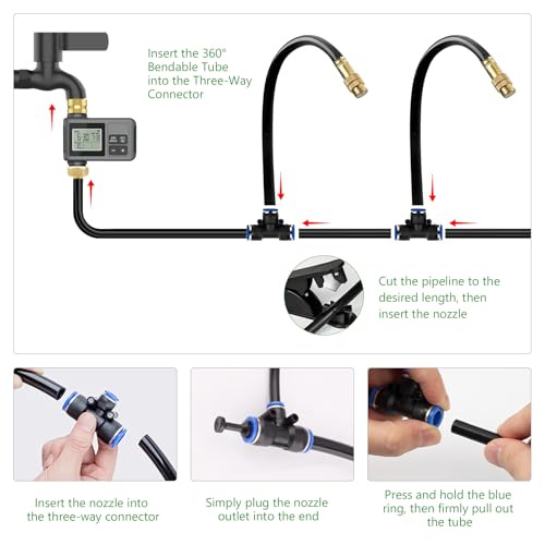 120FT Drip Irrigation System with Smart Water Timer | Brass Connectors, 360° Adjustable Nozzles and Bendable Tubing for Garden, Greenhouse, Lawn, Raised Beds and Potted Plants - size: 120Ft Brass Fitting with Timer