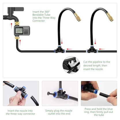 120FT Drip Irrigation System with Smart Water Timer | Brass Connectors, 360° Adjustable Nozzles and Bendable Tubing for Garden, Greenhouse, Lawn, Raised Beds and Potted Plants - size: 120Ft Brass Fitting with Timer