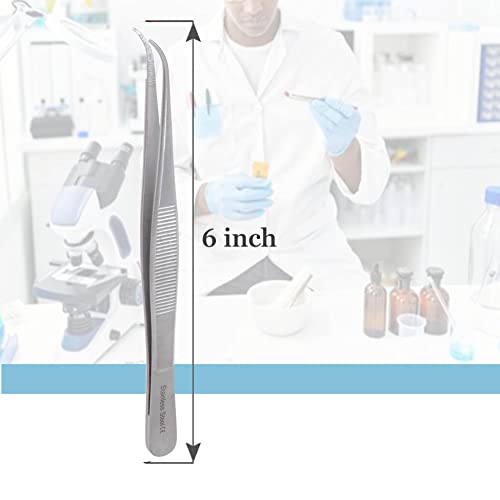 Lab Tweezers High Precision Forceps, 6" (15.2 cm), Fine Strong Curved Point tweezers, Stainless Steel - size: 6 Inch