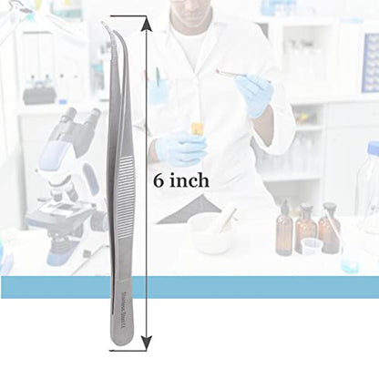 Lab Tweezers High Precision Forceps, 6" (15.2 cm), Fine Strong Curved Point tweezers, Stainless Steel - size: 6 Inch