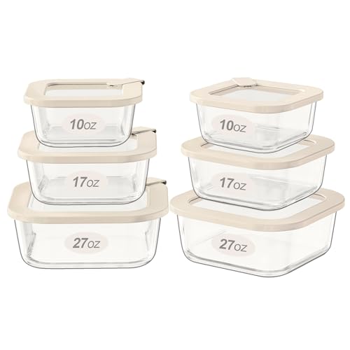 Glass Food Storage Containers with Glass Lids, Microwave Safe Food Container Set, Airtight Meal Prep Containers, LeakProof, 100% Plastic Free, 6 Pack - color: ‎Ivory White -6p