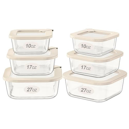 Glass Food Storage Containers with Glass Lids, Microwave Safe Food Container Set, Airtight Meal Prep Containers, LeakProof, 100% Plastic Free, 6 Pack - color: ‎Ivory White -6p