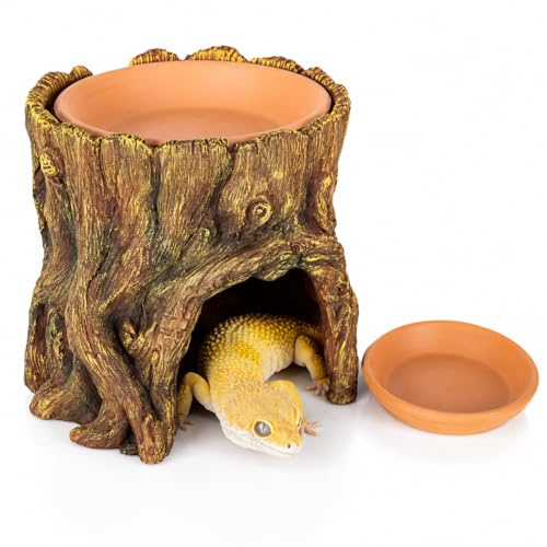 Reptile Hide Cave with Removable Top Dish, Resin Tree Stump Terrarium Decor, 2-in-1 Lizard Gecko Hideout Shelter and Feeding Bowl for Small Reptiles, 5.2 x 5.2 x 5.2 in