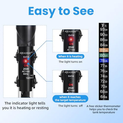 AQUANEAT Aquarium Heater, 25W Fish Tank Heater, Adjustable Submersible Water Thermostat with Thermometer - size: 25W