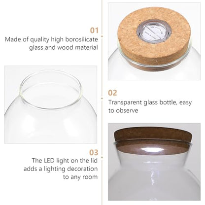 Glass Terrarium Jar with Led Light, Closed Terrarium Jar with Lid for Moss, Succulents and Betta Fish Tank, Large Clear Round Desk Plant Container Ecosystem for Home & Office Decor (no Plants) - size: 14.00X13.00X13.00CM